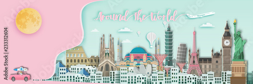 Famous landmark for travel ,England,France,Spain,America,China,Japan,Malasia,singapore,Italy,Hongkong,Turkey,Taiwan,Dubai in paper art style.