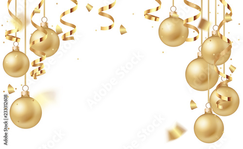 Christmas or New Year festive background with golden balls and gold tinsel. Vector illustration. Winter holiday decoration.