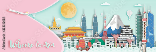 Photography Famous landmark for travel card in Asia ,Japan,Thailand,Hongkong,singapore,malaysia,China in paper art style