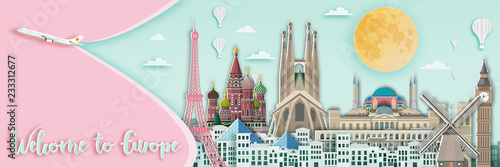 Famous landmark for travel card in europe ,England,France,Spain,Italy,germany,netherland,russia,turkey in paper art style.