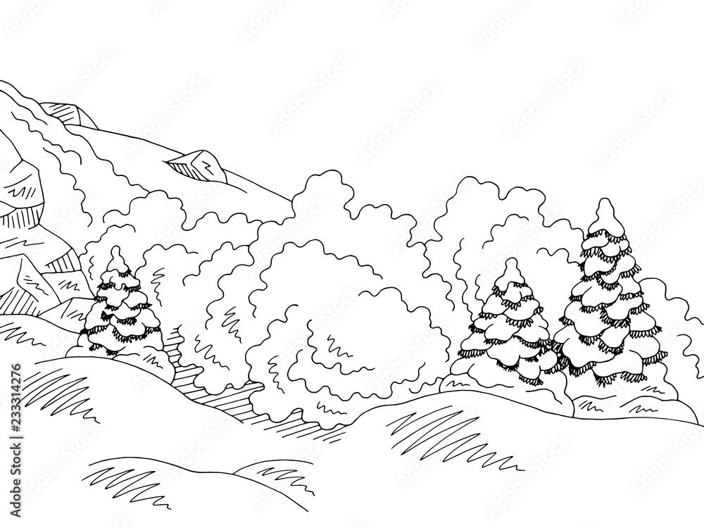 Avalanche graphic black white mountains landscape sketch illustration vector