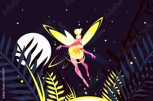 Beautiful fairy flying in night forest