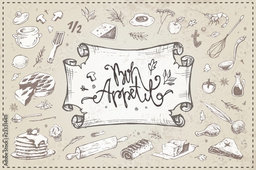 Hand drawn culinary items, food, kitchen utensils
