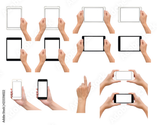 Set of one and two human hand in holding, using or taking photo gesture with smartphone and tablet in black and white colors isolate on white background,  Low contrast for retouch or graphic design