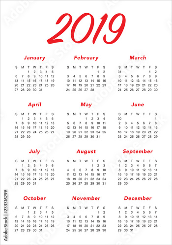 Year 2019 calendar vector design template