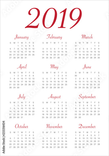 Year 2019 calendar vector design template
