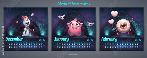 Set of winter months calendar 2019