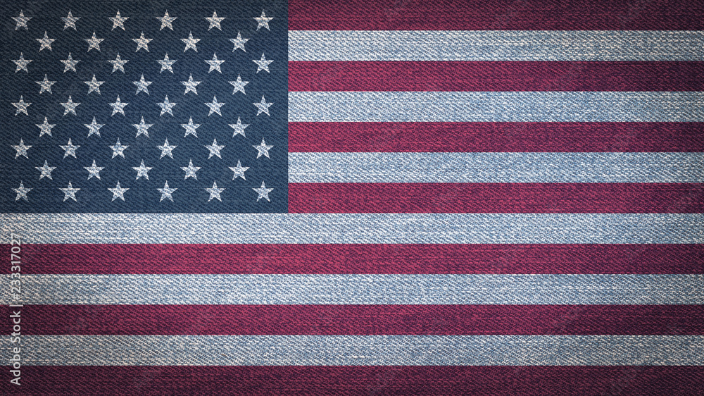 Naklejka premium USA flag pattern on blue grunge denim textile fabric cloth background for raising awareness on national event and support campaign concept.