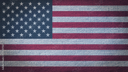 USA flag pattern on blue grunge denim textile fabric cloth background for raising awareness on national event and support campaign concept.