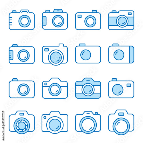 Camera flat line icon set. Vector illustration. Editable stroke.
