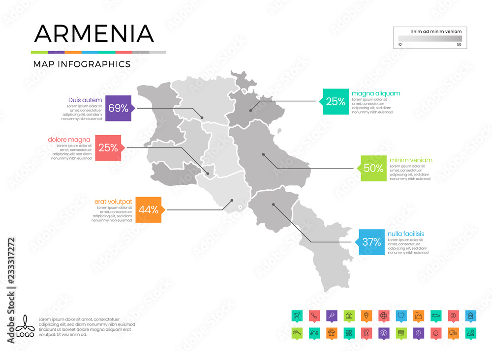 Armenia map infographics with editable separated layers, zones, elements and district area in vector