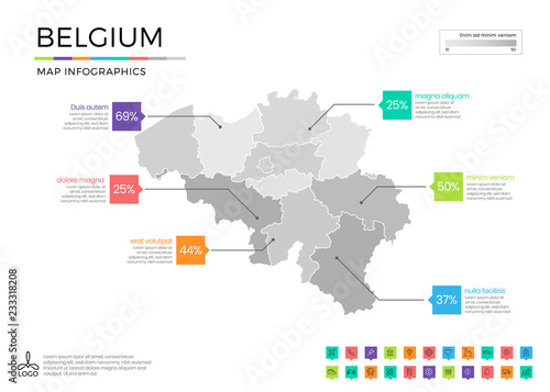 Belgium map infographics with editable separated layers, zones, elements and district area in vector