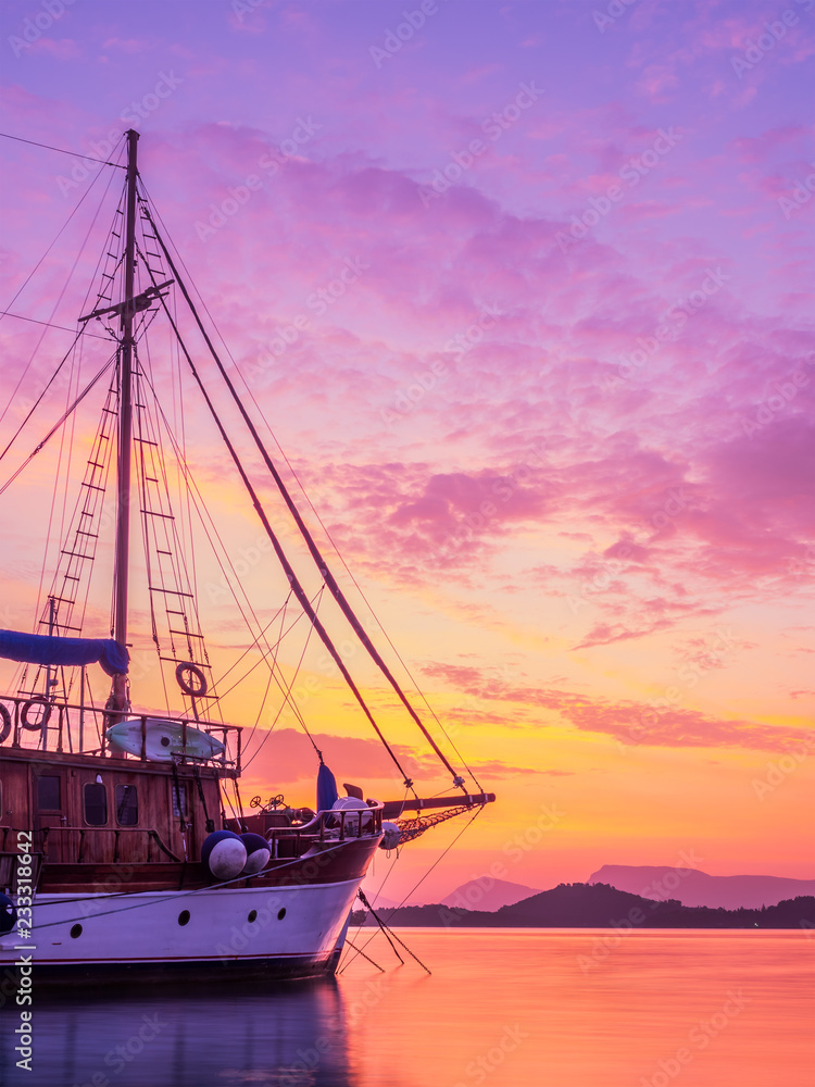 Sunrise on the bay of Nidri in Lefkas island Greece