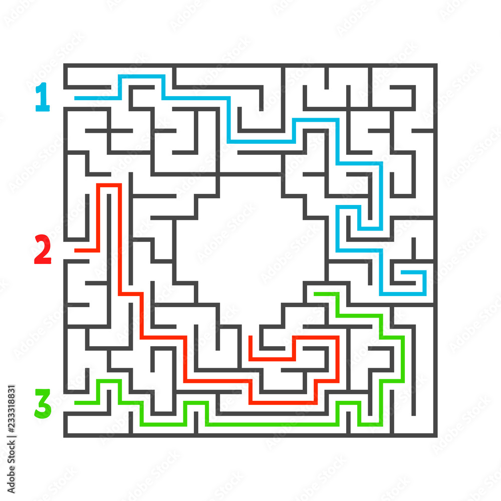 Abstract square maze. Game for kids. Puzzle for children. Three entrance, one exit. Labyrinth conundrum. Flat vector illustration isolated on white background. With answer. With place for your image.