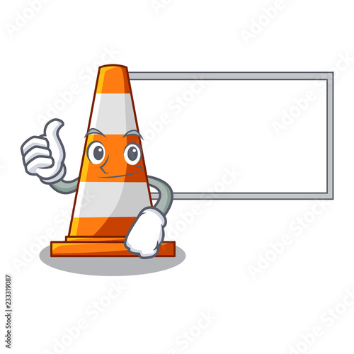 Thumbs up with board traffic cone on road cartoon shape