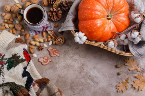 Flat lay style of autumn and thanksgiving concept with coffee, pumpkins and cinnamon sticks on pastel color.