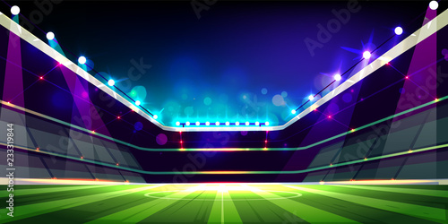 Empty soccer field illuminated with projectors lights cartoon vector illustration. Open roof stadium or sport arena with three floors fan sectors ready for competition. Football championship concept