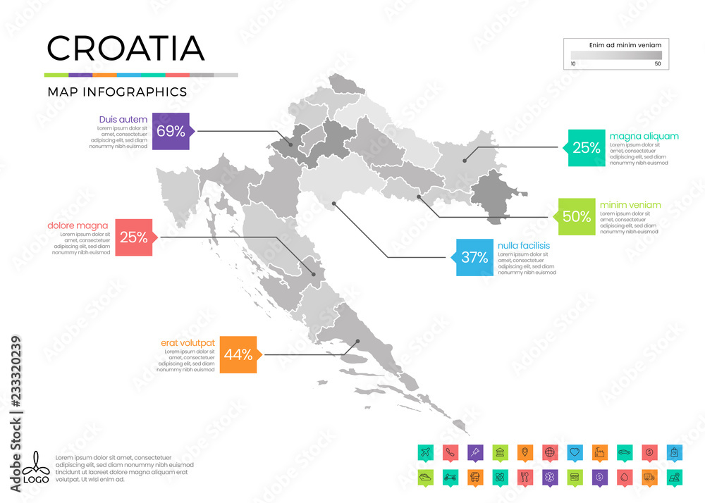 Croatia map infographics with editable separated layers, zones, elements and district area in vector
