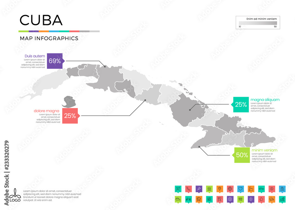 Cuba map infographics with editable separated layers, zones, elements and district area in vector
