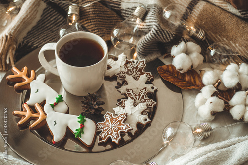 cup with tea or coffee, fir branch, cookies in the shape of snowflakes, cozy knitted blanket, cotton and cozy garland, New Year