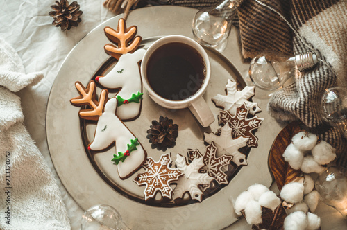 cup with tea or coffee, fir branch, cookies in the shape of snowflakes, cozy knitted blanket, cotton and cozy garland, New Year © Анастасія Стягайло