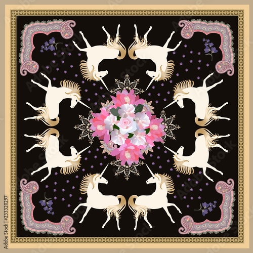Luxury bouquet of flowers, paisley ornament and white unicorns with golden manes on black background in vector. Square shawl. Medieval motif.