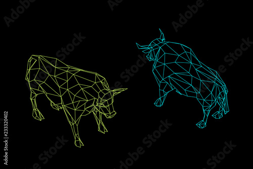 Abstract polygonal bull. Isolated on black background. Vector outline illustration.