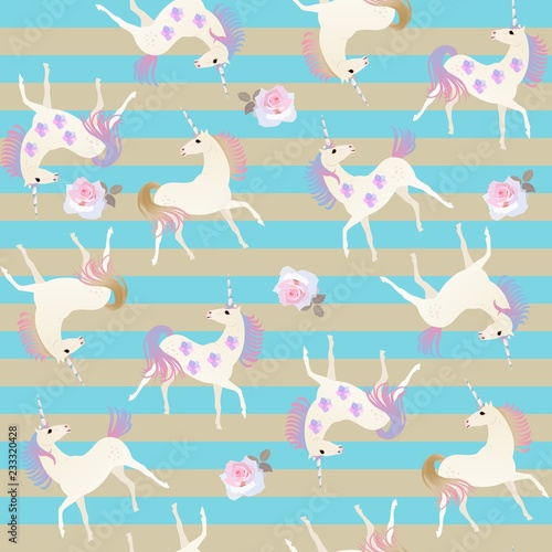 Seamless striped pattern with cute cartoon unicorns, rose and bell flowers in vector.
