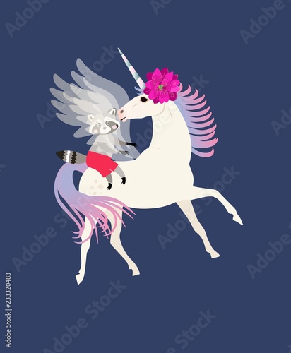 Сute cartoon raccoon sits astride a unicorn that whispers in his ear. Vertical greeting or invitation card in vector.