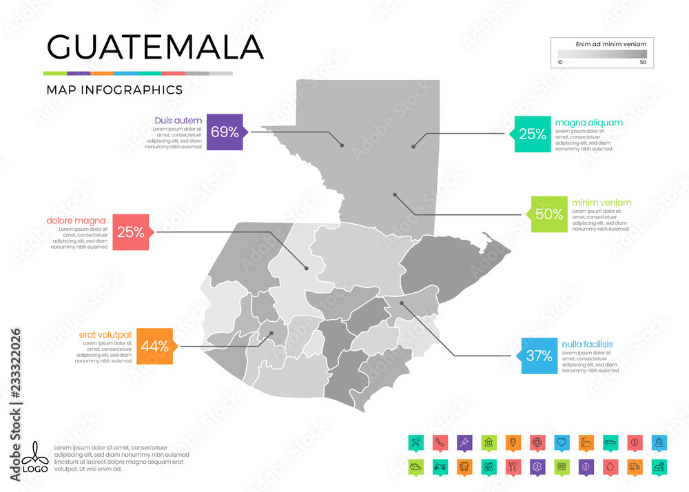 Fototapeta Guatemala map infographics with editable separated layers, zones, elements and district area in vector