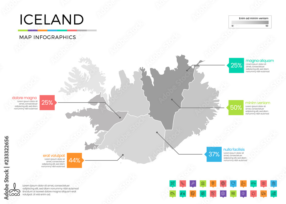 Iceland map infographics with editable separated layers, zones