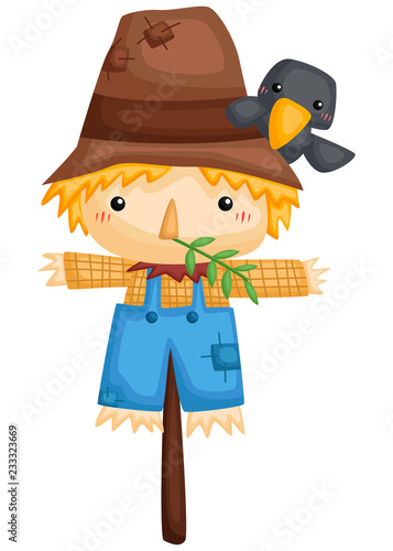 a vector of a cute scarecrow with a tiny crow