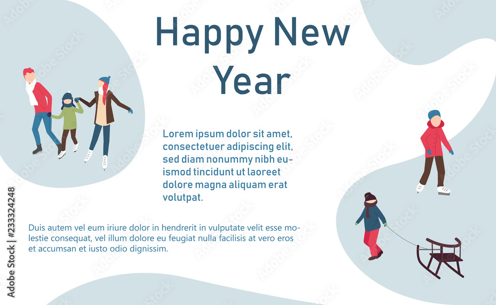 Happy New Year poster with people doing winter amusements. Happy New Year poster with people doing winter amusements.