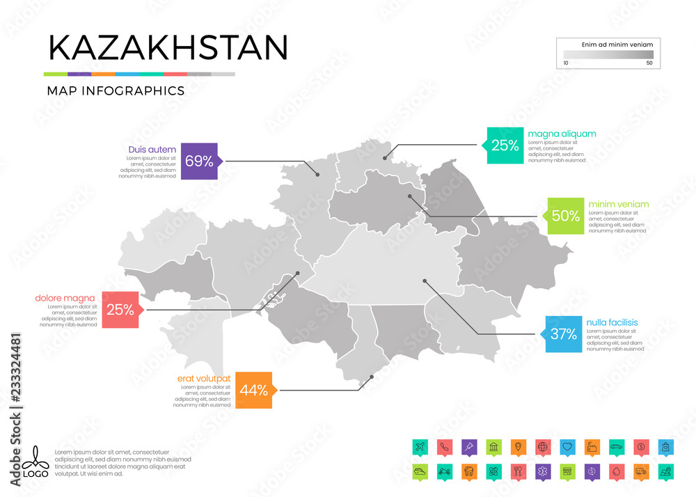 Fototapeta premium Kazakhstan map infographics with editable separated layers, zones, elements and district area in vector