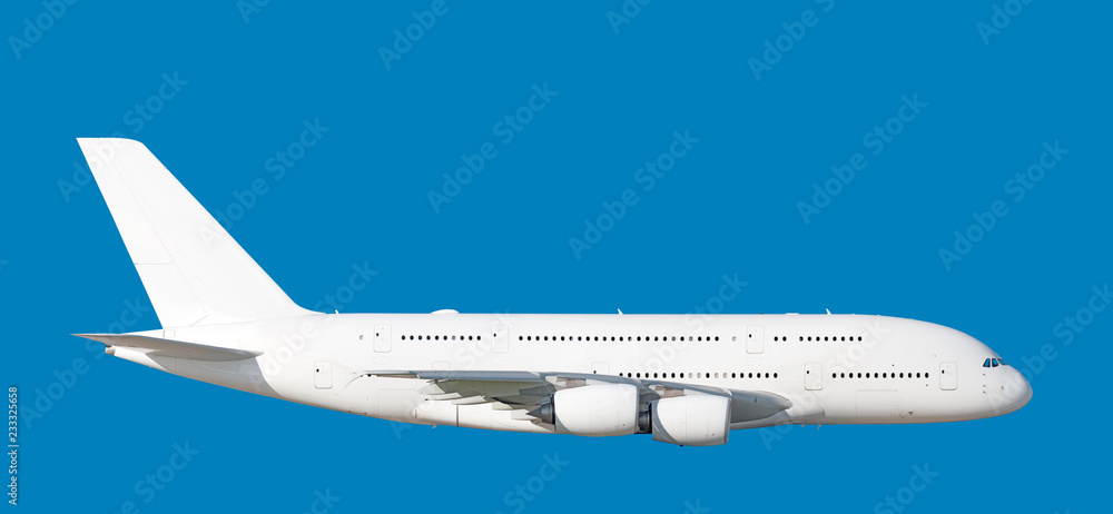 Large heavy modern wide body passenger jet engine airplane flying side panoramic detailed gear up exterior view reference isolated on blue sky background air travel transportation white theme