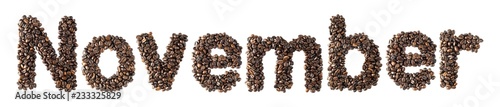 Coffee bean sort alphabetically. The word is November. Which is the month name. For the calendar or postcard New Year. isolated on white background and clipping path.