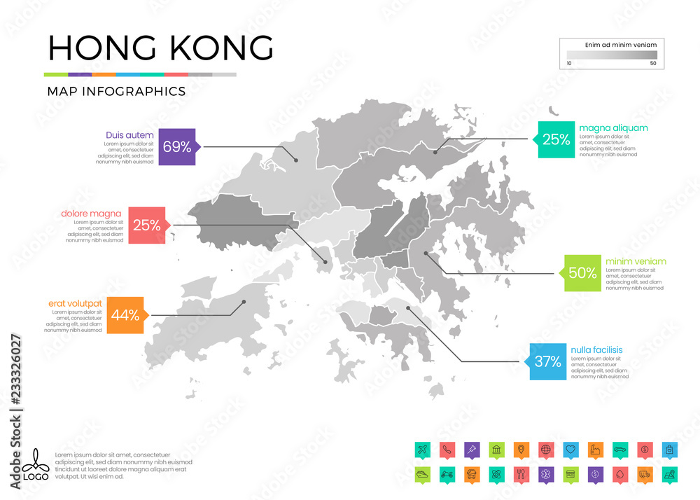 Fototapeta Hong Kong map infographics with editable separated layers, zones, elements and district area in vector