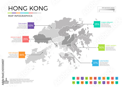 Hong Kong map infographics with editable separated layers, zones, elements and district area in vector