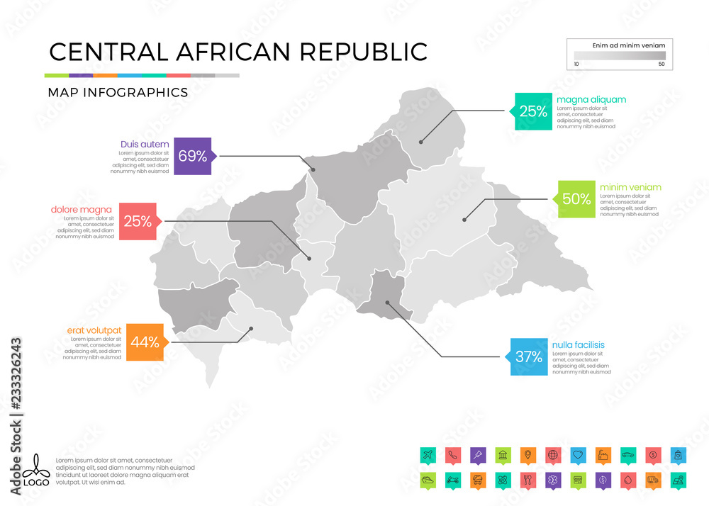 Central African Republic map infographics with editable separated layers, zones, elements and district area in vector