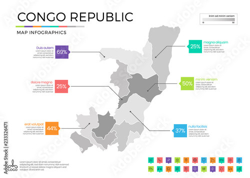 Congo republic map infographics with editable separated layers, zones, elements and district area in vector