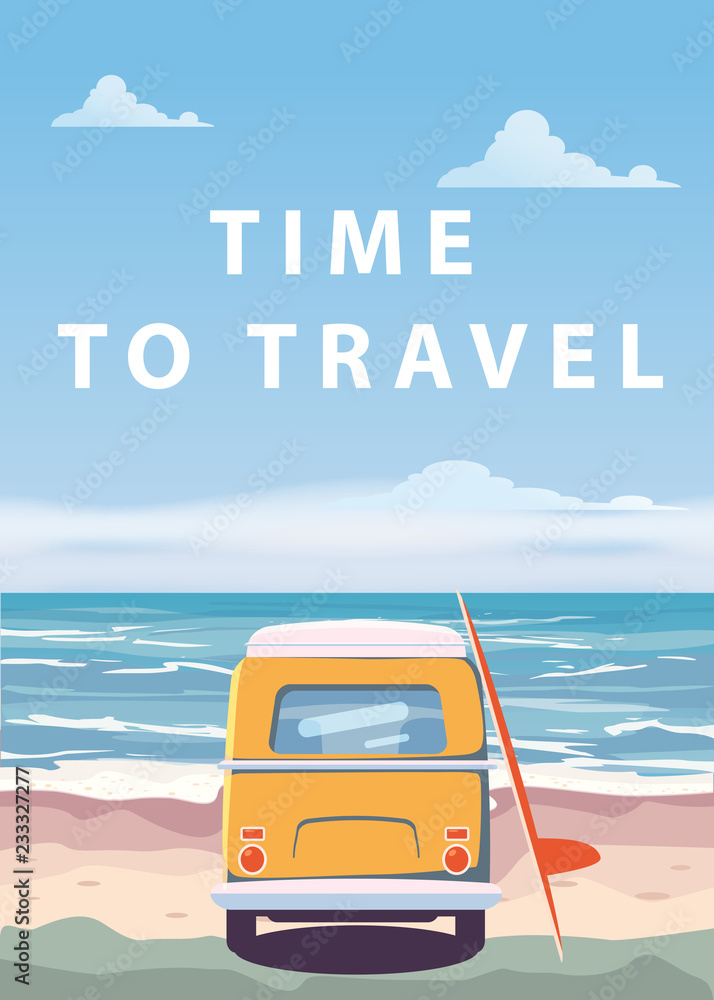 Travel, trip vector illustration. Ocean, sea, seascape. Surfing van, bus on beach. Summer holidays. Ocean background on road trip, retro, vintage. Tourism concept, cartoon style, isolated - obrazy, fototapety, plakaty 