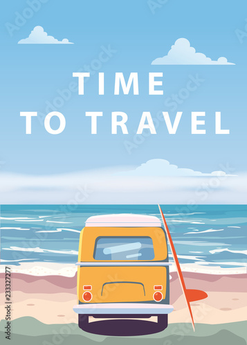Travel, trip vector illustration. Ocean, sea, seascape. Surfing van, bus on beach. Summer holidays. Ocean background on road trip, retro, vintage. Tourism concept, cartoon style, isolated