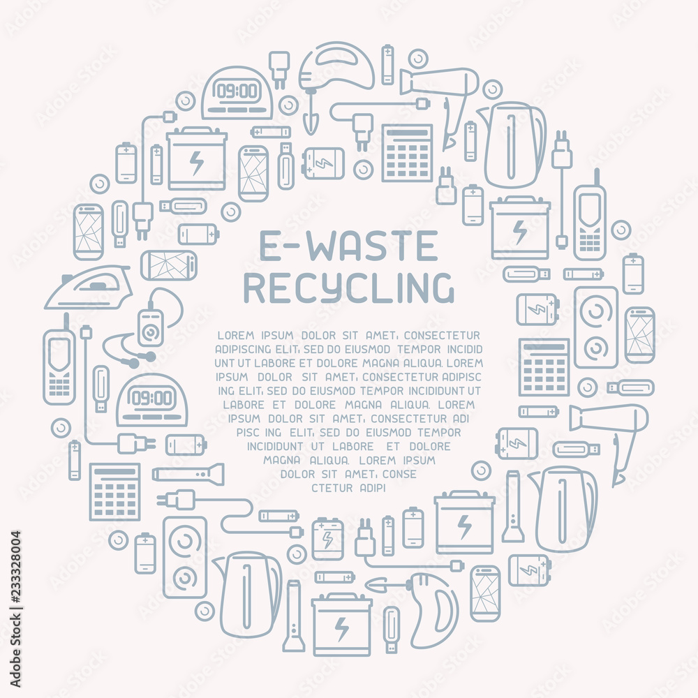 E-waste ready concept with old appliances and inscription. E-waste icons set. Line style vector illustration. There is place for your text