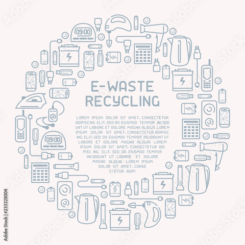 E-waste ready concept with old appliances and inscription. E-waste icons set. Line style vector illustration. There is place for your text