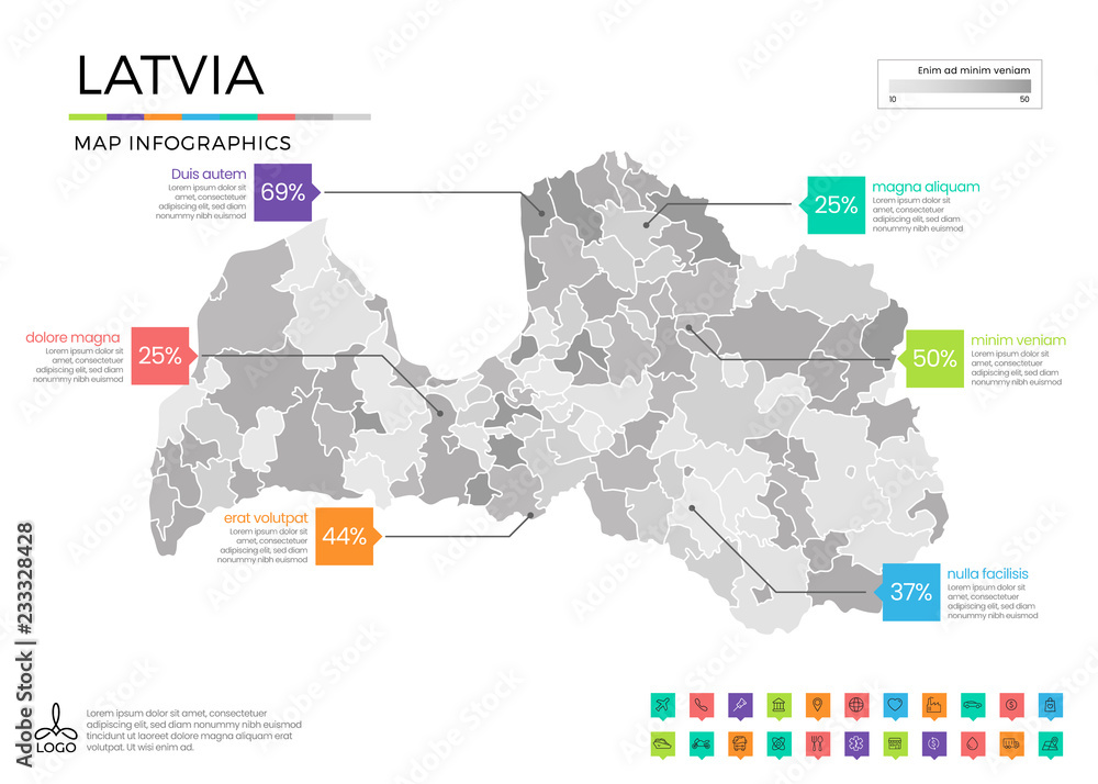 Latvia map infographics with editable separated layers, zones, elements and district area in vector Latvia map infographics with editable separated layers, zones, elements and district area in vector