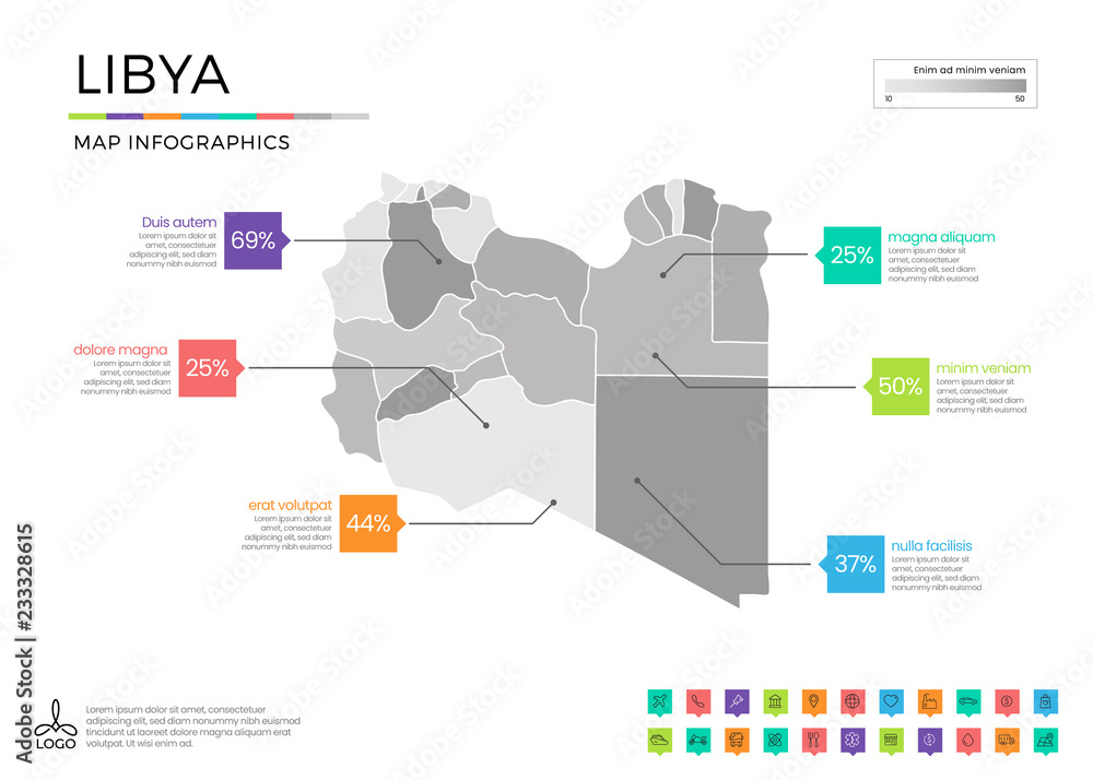 Naklejka Libya map infographics with editable separated layers, zones, elements and district area in vector