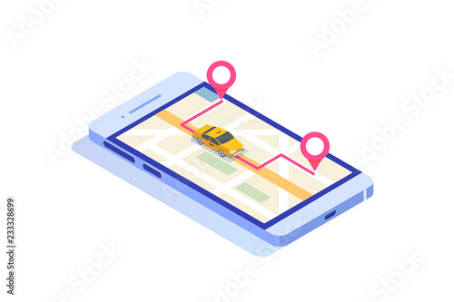 Online mobile taxi app isometric concept. GPS route point and Yellow cab.