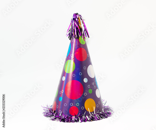 Birthday carton party cone hat with balloons isolated on white background.