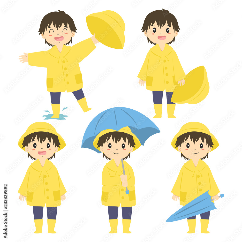 cute little boy in yellow raincoat and holding a blue umbrella, cartoon