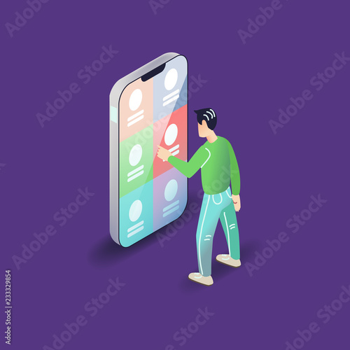 Vector app user illustration. Flat art with smartphone mobile application.